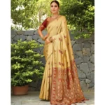 Generic Women's Silk Blend Woven Paithani Saree With Unstitched Blouse 5.5Mtr (Beige) - Image 4