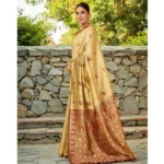 Generic Women's Silk Blend Woven Paithani Saree With Unstitched Blouse 5.5Mtr (Beige) - Image 3