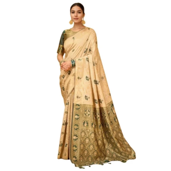 Generic Women's Silk Blend Woven Paithani Saree With Unstitched Blouse 5.5Mtr (Cream)