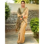 Generic Women's Silk Blend Woven Paithani Saree With Unstitched Blouse 5.5Mtr (Cream) - Image 3