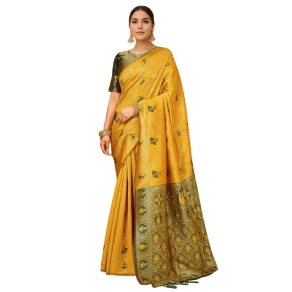 Generic Women's Silk Blend Woven Paithani Saree With Unstitched Blouse 5.5Mtr (Mustard)