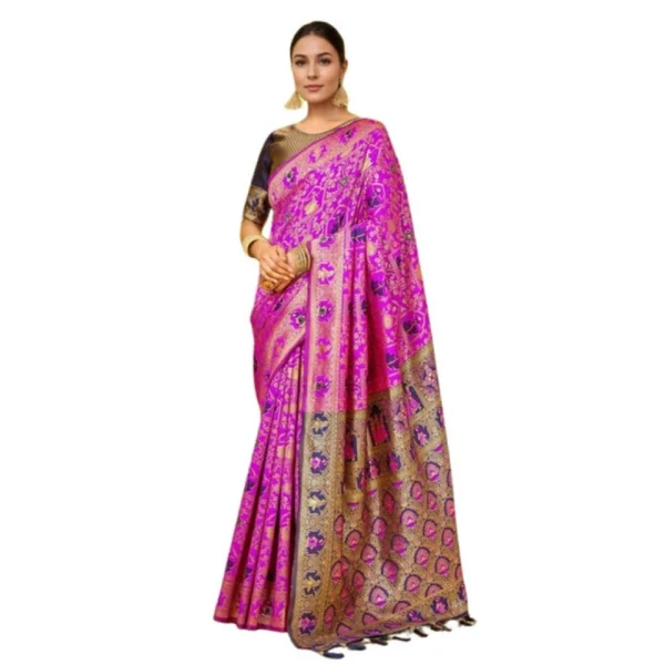 Generic Women's Silk Blend Woven Paithani Saree With Unstitched Blouse 5.5Mtr (Pink)