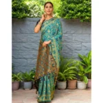 Generic Women's Silk Blend Woven Paithani Saree With Unstitched Blouse 5.5Mtr (Rama) - Image 3