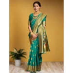 Generic Women's Silk Blend Paithani Saree With Unstitched Blouse 5.5Mtr (Green) - Image 3