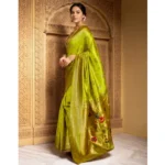 Generic Women's Silk Blend Paithani Saree With Unstitched Blouse 5.5Mtr (Lime Green) - Image 4