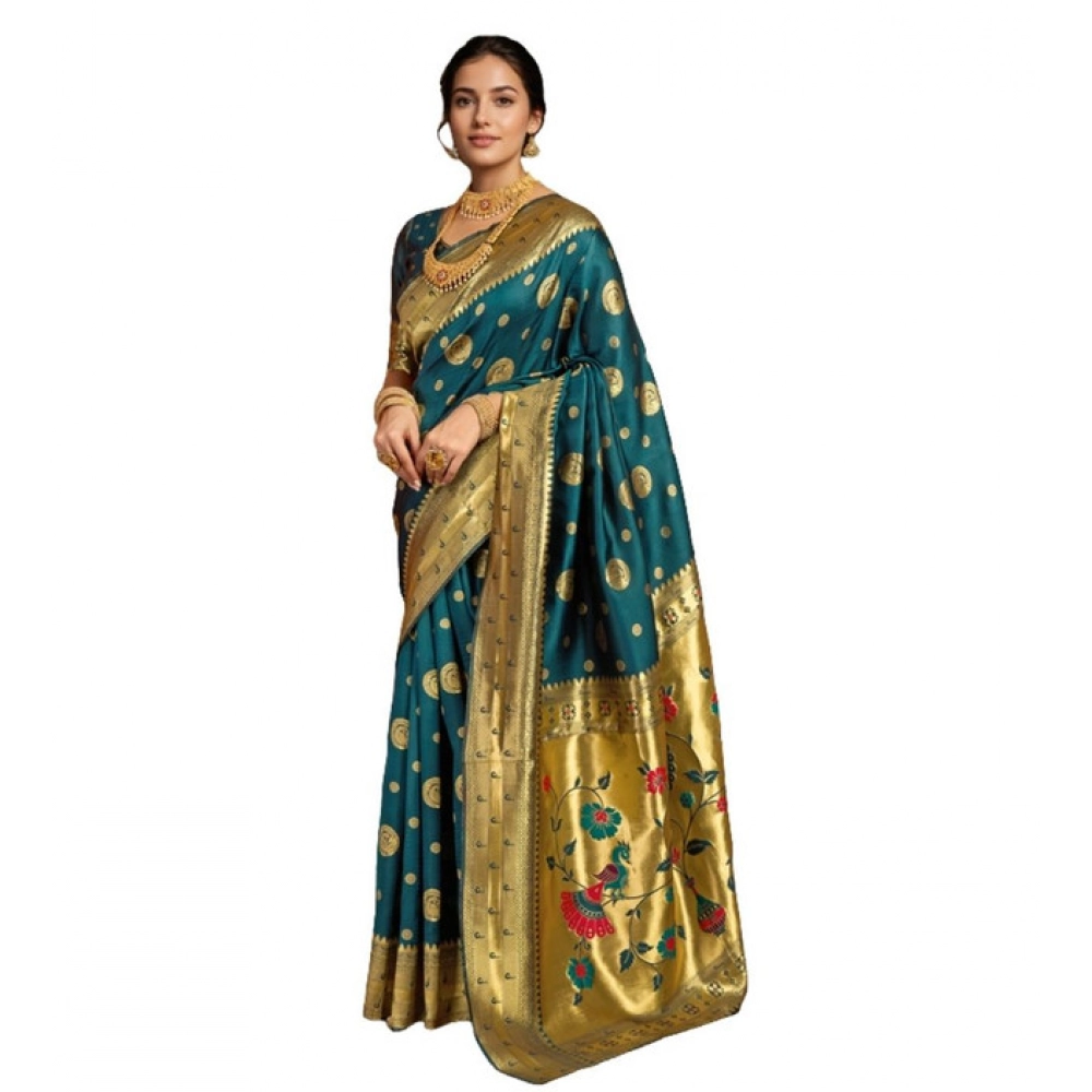 PID-62798-Generic-Women-s-Silk-Blend-Paithani-Saree-With-Unstitched-Blouse-5-5-Mtr-Teal-1-1000x1000-1.webp Generic Women's Silk Blend Paithani Saree With Unstitched Blouse 5.5Mtr (Teal) - Image 1