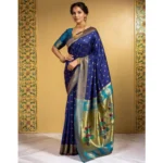 Generic Women's Silk Blend Zari Woven Saree With Unstitched Blouse 5.5Mtr (Navy) - Image 3