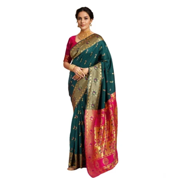 Generic Women's Silk Blend Zari Weaving Saree With Unstitched Blouse 5.5Mtr (Dark-Green)