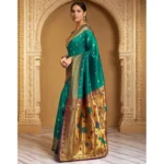 Generic Women's Silk Blend Zari Weaving Saree With Unstitched Blouse 5.5Mtr (Teal) - Image 4