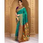 Generic Women's Silk Blend Zari Weaving Saree With Unstitched Blouse 5.5Mtr (Teal) - Image 3