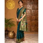 Generic Women's Silk Blend Zari Weaving Saree With Unstitched Blouse 5.5Mtr (Teal) - Image 2