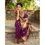 Generic Women's Silk Blend Zari Weaving Saree With Unstitched Blouse 5.5Mtr (Purple) - Image 2