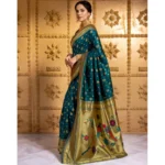 Generic Women's Silk Blend Zari Weaving Saree With Unstitched Blouse 5.5Mtr (Teal) - Image 4