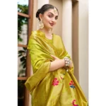 Generic Women's Silk Blend Paithani Weaving Saree With Unstitched Blouse 5.5Mtr (Lime Green) - Image 2