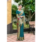 Generic Women's Silk Blend Paithani Weaving Saree With Unstitched Blouse 5.5Mtr (Teal) - Image 2