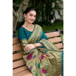 Generic Women's Silk Blend Paithani Weaving Saree With Unstitched Blouse 5.5Mtr (Teal) - Image 3
