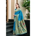 Generic Women's Silk Blend Paithani Weaving Saree With Unstitched Blouse 5.5Mtr (Turquoise) - Image 4