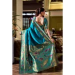 Generic Women's Silk Blend Zari Woven Saree With Unstitched Blouse 5.5Mtr (Turquoise) - Image 3