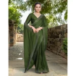 Generic Women's Rangoli Diamond Weaving - Stone Work Saree With Unstitched Blouse 5.5Mtr (Mahendi) - Image 3