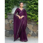 Generic Women's Rangoli Diamond Weaving - Stone Work Saree With Unstitched Blouse 5.5Mtr (Purple) - Image 3