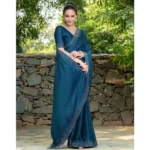 Generic Women's Rangoli Diamond Weaving - Stone Work Saree With Unstitched Blouse 5.5Mtr (Teal) - Image 2