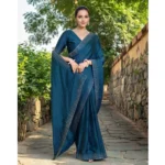 Generic Women's Rangoli Diamond Weaving - Stone Work Saree With Unstitched Blouse 5.5Mtr (Teal) - Image 3