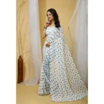 Generic Women's Georgette Printed Saree With Unstitched Blouse 5.5Mtr (White-Grey) - Image 3