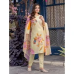 Generic Women's Cotton Blend Printed Kurti With Pant Dupatta Set (Cream) - Image 4
