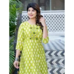 Generic Women's Rayon Print With Embroidery Work A-Line Kurti (Parrot) - Image 4