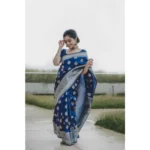 Generic Women's Soft Lichi Silk Printed Saree With Unstitched Blouse 5.5Mtr (Blue) - Image 2