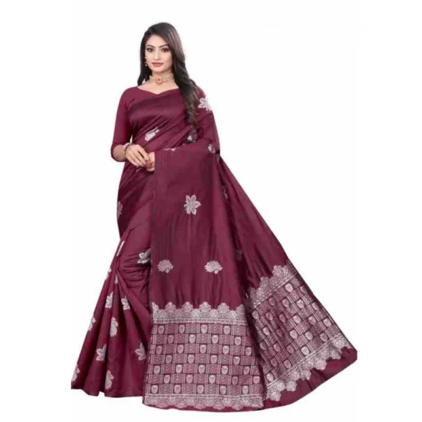 Generic Women's Soft Lichi Silk Printed Saree With Unstitched Blouse 5.5Mtr (Wine)