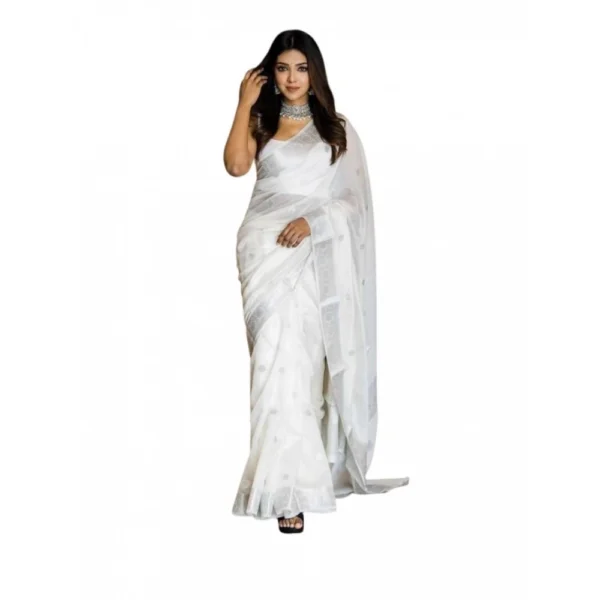 Generic Women's Soft Lichi Silk Printed Saree With Unstitched Blouse 5.5Mtr (White)