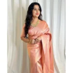 Generic Women's Soft Lichi Silk Printed Saree With Unstitched Blouse 5.5Mtr (Peach) - Image 2