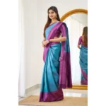 Generic Women's Soft Lichi Silk Printed Saree With Unstitched Blouse 5.5Mtr (Sky-Blue) - Image 2