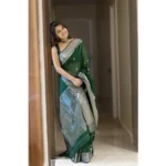 Generic Women's Soft Lichi Silk Printed Saree With Unstitched Blouse 5.5Mtr (Green) - Image 2