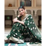 Generic Women's Soft Lichi Silk Printed Saree With Unstitched Blouse 5.5Mtr (Green) - Image 2