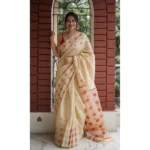 Generic Women's Soft Lilan Printed Saree With Unstitched Blouse 5.5Mtr (Cream) - Image 2