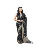 Generic Women's Soft Lichi Silk Printed Saree With Unstitched Blouse 5.5Mtr (Black)