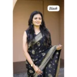 Generic Women's Soft Lichi Silk Printed Saree With Unstitched Blouse 5.5Mtr (Black) - Image 2