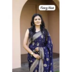 Generic Women's Soft Lichi Silk Printed Saree With Unstitched Blouse 5.5Mtr (Navy Blue) - Image 2