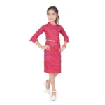 Generic Girl's Knitted Printed 3/4 th Sleeve Close Neck Dress (Pink)