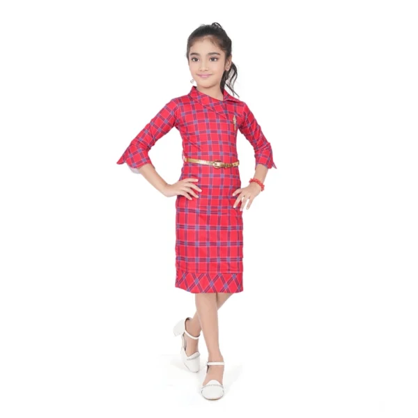Generic Girl's Knitted Printed 3/4 th Sleeve Close Neck Dress (Pink)