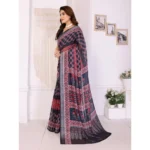 Generic Women's Linen Cotton  Printed Saree With Unstitched Blouse 5.5Mtr (Black) - Image 2
