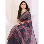 Generic Women's Linen Cotton  Printed Saree With Unstitched Blouse 5.5Mtr (Black) - Image 3