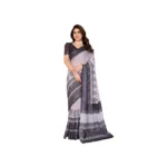 Generic Women's Linen Cotton  Printed Saree With Unstitched Blouse 5.5Mtr (White & Black)