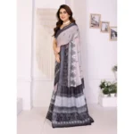 Generic Women's Linen Cotton  Printed Saree With Unstitched Blouse 5.5Mtr (White & Black) - Image 3