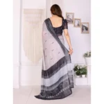 Generic Women's Linen Cotton  Printed Saree With Unstitched Blouse 5.5Mtr (White & Black) - Image 4