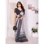 Generic Women's Linen Cotton  Printed Saree With Unstitched Blouse 5.5Mtr (White & Black) - Image 2