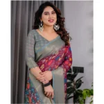 Generic Women's Linen  Printed Saree With Unstitched Blouse 5.5Mtr (Purple) - Image 2