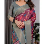 Generic Women's Linen  Printed Saree With Unstitched Blouse 5.5Mtr (Purple) - Image 4